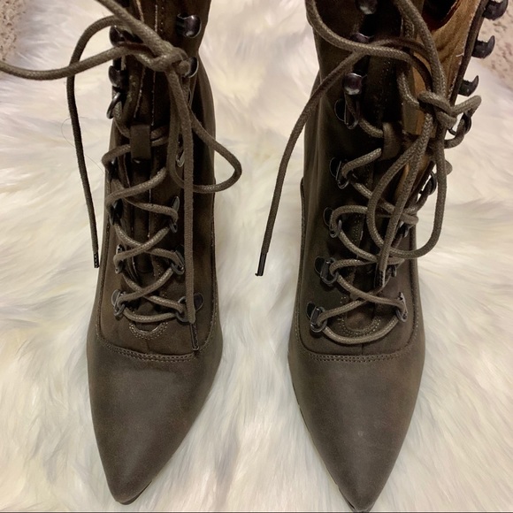 Qupid Nubuck PU Khaki Lace Up Heel Booties - Picture 4 of 8